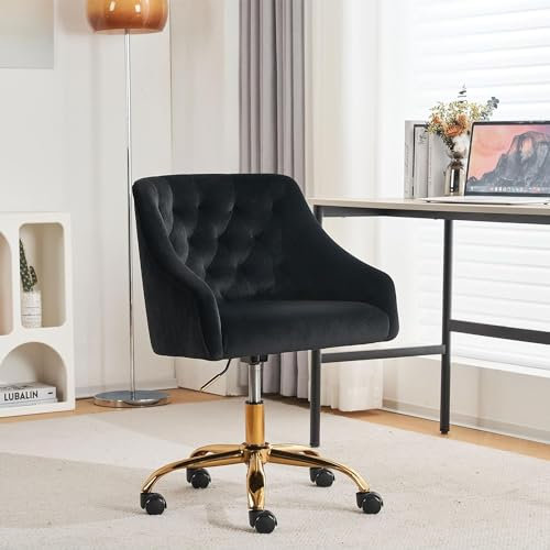 WOEOA Bürostuhl aus Samt,Ergonomisch Drehstuhl,360° Drehbar, Höhenverstellbar,für Wohnzimmer Schlafzimmer Vanity Studie,Bis 135 kg Belastbar,Mädchen Frauen (Schwarz)