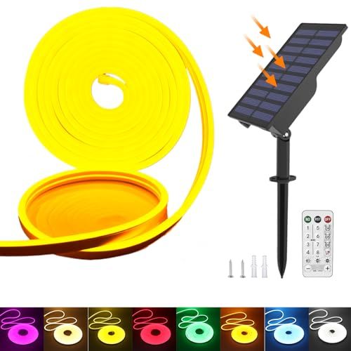 KISUFU Energía solar Tira LED 24v de Neón, 2835 120 LEDs/M IP65 Impermeable Silicona tira de luz de neón con 1.5W controlador solar enchufado en la pared de carga USB para decoración exterior.