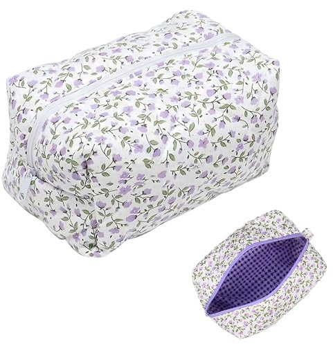 Kosmetiktasche Blumen, Gesteppte Kosmetiktasche mit Blumenmuster, Make Up Bag Aus Weichem Baumwollmaterial, Reise Kosmetiktasche Damen, hohes Volumen, für Make-up-Pinsel und Beauty-Utensilien, Lila