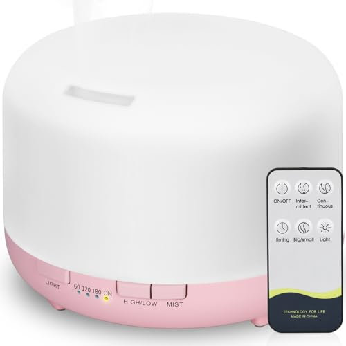 Hianjoo Aroma Diffuser 450ml, Luftbefeuchter mit Timer, Ultraschall Aromatherapie Diffusor 7 Farben LED mit Fernbedienung für Schlafzimmer/Büro/Yoga/Spa - Rosa