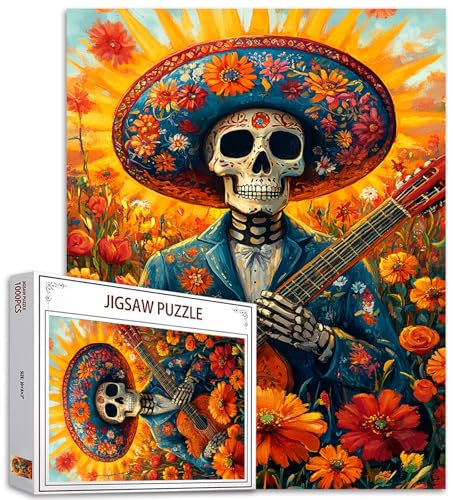 Tucocoo Totenkopf-Musik-Puzzles für Erwachsene, 1000 Teile, Skelett, mexikanischer Stil, Blumen, Kunst-Puzzle, bunt, DIY-Bastelpuzzles für Heimdekoration, Geschenke, Familienpuzzle, perfekt für