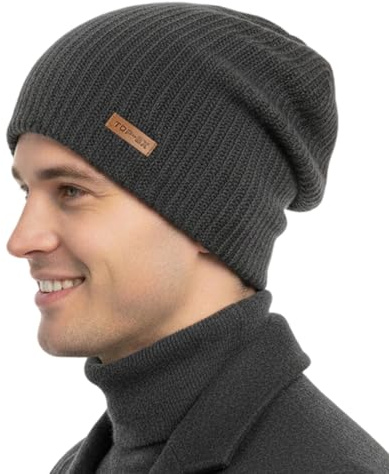 TOP-EX XL/XXL Merinowolle Slouch Beanie Herren Mütze Damen Winter Warm Strickmuetze mit Satinfutter Grau XL/XXL