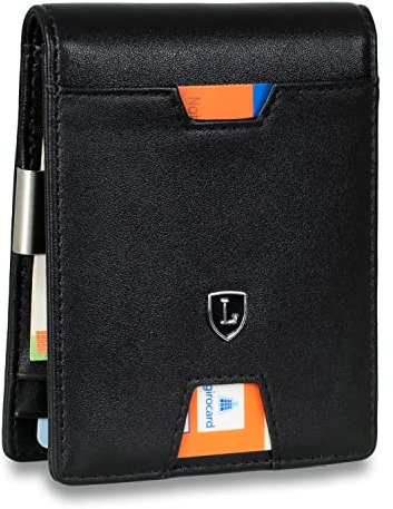 Lederhand® iSlim Wallet - Glattleder Geldbeutel mit Geldklammer und Münzfach, 9 Kartenfach Premium Geldbörse - Slim Wallet mit RFID NFC Schutz - Farbe Schwarz