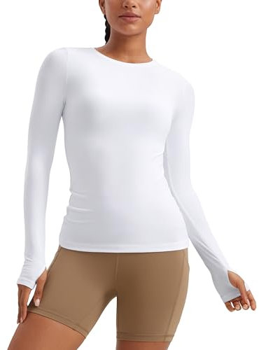 CRZ YOGA Womens Cloudweight Crew Neck Long Sleeve Tee Shirts Workout Athletic Casual Lightweight Basic Tops with Thumb Hole White 12