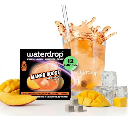 waterdrop® Microenergy MANGO, Energy Drink Pulver, 12 Würfel Getränkepulver, MANGO Geschmack, Zuckerfrei & Kalorienarm, Mit 90 mg Natürlichem Koffein, Vitamin C & B – Flavour Drops