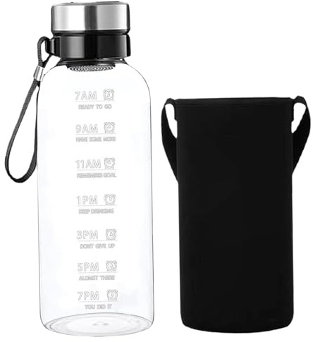 Wasserflasche mit Zeitmarkierung, 2 l, klares Borosilikatglas, Wasserflaschen mit Umhängeband, Hülle und abnehmbarem Filter, auslaufsicher, spülmaschinenfest, Flasche für Zuhause, Büro, Sportglas