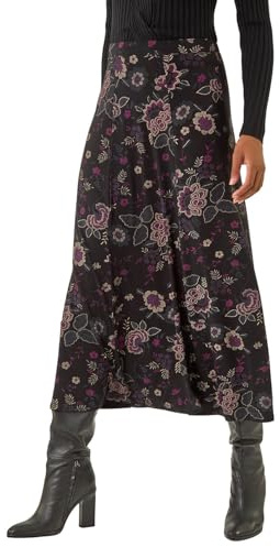 Roman Originals Jersey Skirt for Women UK - Ladies Midi Maxi Floral Animal Print Autumn Winter Swing Smart Casual Office Cocktail Party Going Out Evening Holiday Cruise - Noir Purple - Size 18