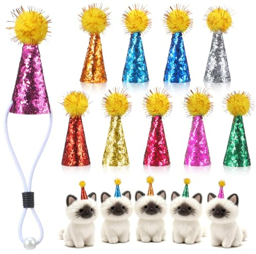 LXUEJIE 10 Stück Mini Partyhüte für Kuscheltiere, Miniatur Blitzkappe Verstellbare Glitzer-Partyhüte mit Pompons Bunt Geburtstagshut Kegel Hat für Puppenhäuser Miniatur Tiermodelle Plüschtiere (2*6cm)