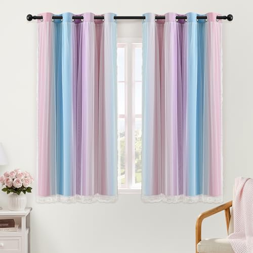 XiDi Blackout Curtains for Bedroom 52x54 In Light Block Eyelet Drape | 2 Panels Thermal Insulated Bedroom Curtains for Room Darkening Privacy Protection Rainbow Unicorn Eyelet Drape Pink Purple