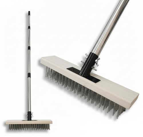 WHLZYEVA Heavy Duty Wire Broom,Stainless Steel Wire Scrub Brush with Long Handle,Perfect for Cleaning Weeds and Moss from patios, Decks, Gardens, Concrete, garages, and More(59in)