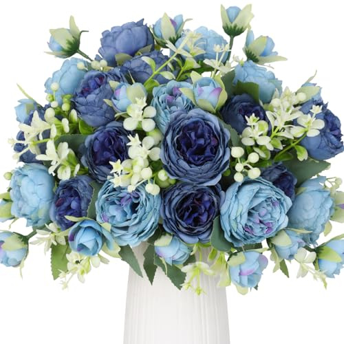 Floweroyal 2 Bunches Peony Artificial Flowers Teal Blue Flowers Silk Peonies Bouquets for Wedding Party Table Centerpieces Floral Arrangement Home Kitchen Decor