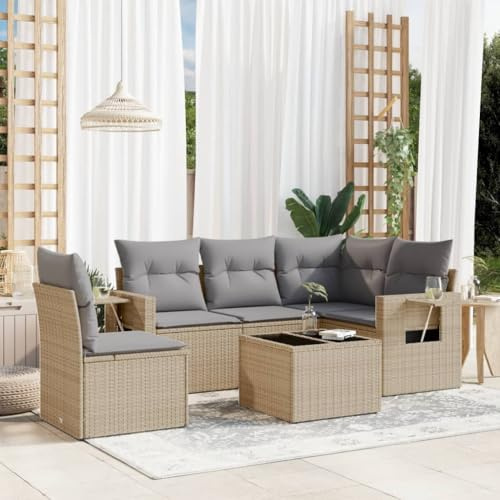 QJBSAVVA 6-TLG. Gartengarnitur Beige Poly-Rattan Ecksofa Mittelsofa Sofa Armlehnen Gartentisch 62x62x69 cm UV-beständig für Balkon Terrasse Gartenlounge klein