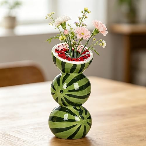 MerwDeeyt Blumenvase in Wassermelonenform, 9,6 x 22 cm, kreative Obstform, Blumenvasen, Keramik, Blumenvasen, kleine dekorative Vasen für trockene Blumen, Wohnzimmer, Büro, Regal-Styling