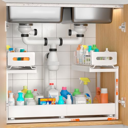 BLYLUND Under Sink Storage Kitchen Organiser 2 Tier Pull Out Cupboard Under Sinks Organisers with Slide-Out Drawers, Height Adjustable Shelf Storage for Kitchen Organization Drawer (White)