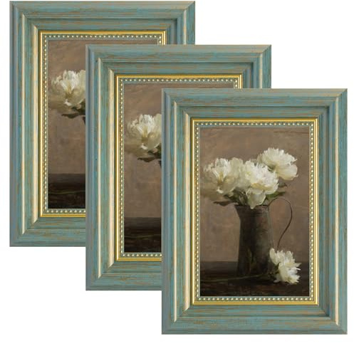 twirush 3 Stück Bilderrahmen Vintage Set, 10x15 cm Vintage Bilderrahmen, Fotorahmen zum Aufstellen und Aufhängen, Fotorahmen Grün für Wohnzimmer, Schlafzimmer, Büro Galerie