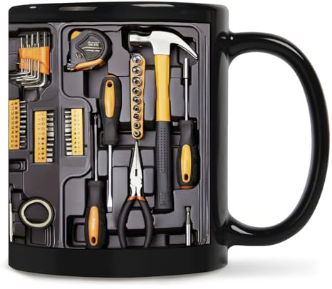 Ceramic Mechanic Toolbox Coffee Mug, 12 Oz Funny Black Tool Box Set Cup with Handle, Large Toolbox Coffee Cups for Engineer Men Him Dad, Novelty Funny Mugs Gifts