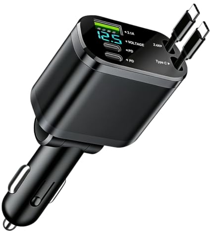 5 in 1 Zigarettenanzünder USB C Einziehbares Auto Ladegerät Adapter 45W Schnellladegerät KFZ Charger QC3.0 USB-C/USB-A und Retractable Typ-C Kabel PD30W für iPhone 17 16 15 Samsung Galaxy S24 S23 S21