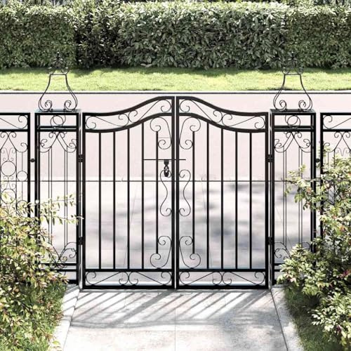 QUAHEAS Puerta de jardín de hierro forjado negro, 121 x 8 x 100 cm, con postes, se puede cerrar para jardín delantero, valla, parcela, seguridad, privacidad