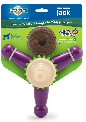 PetSafe Busy Buddy Treat Holding Jack Dog Toy – Strong Chewers - Challenging - Treat Rings Included - Large
