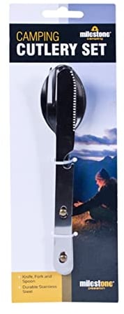 Milestone Camping 65660 4-in-1 Camping Utensils Set / Contains Fork, Knife, Spoon / Built-In Bottle Opener Included / Stainless Steel Material / Storage Lock System, Silver