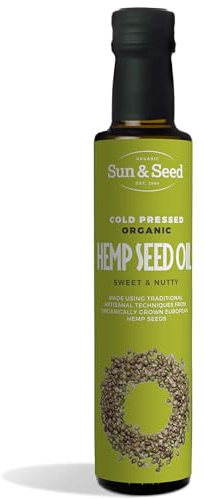 Organic Hemp Seed Oil (Cold Pressed) by Sun & Seed - 250ml - Made from 100% Organic Hemp Seeds - Great Source of Omega-3 & 6 - Vegan Friendly - Pure & Refined