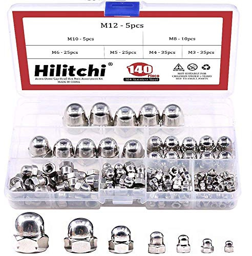 Hilitchi 140-Pcs M3 M4 M5 M6 M8 M10 M12 Acorn Dome Cap Head Hex Nuts Assortment Kit, 304Stainless Steel