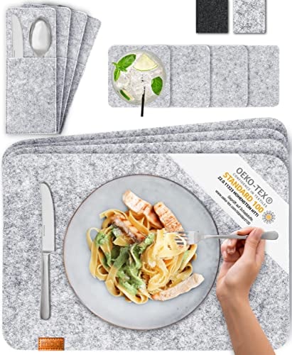 MIQIO® - Set de Table Design 12 Pièces Feutre et Cuir pour 4 Personnes, Lavable, 4 Sets, 4 Dessous de Verres, 4 Pochettes Porte-Couverts (Gris Chiné)