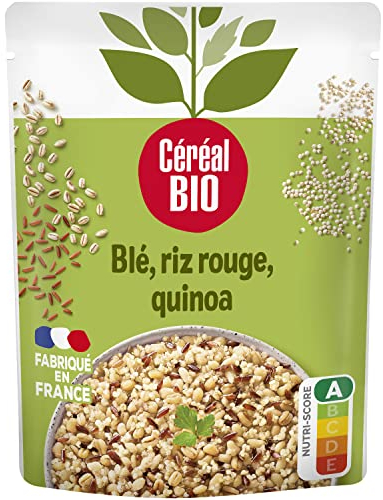 Céréal Bio Blé Riz Rouge Quinoa Végétalien – Trio de Céréales Bio au Naturel, Source de Fibres, Sans Additifs – Accompagnement Bio Micro-Ondable, Prêt à Réchauffer – 250g