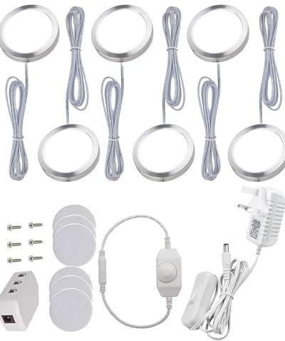 Under Cupboard Lighting, 6Pcs Dimmable LED Puck Lights, Kitchen Lighting for Display Cabinet, Wardrobes, Under Counter, Tv Units, Bookcase - UK Plug - White 6000K 1020lm
