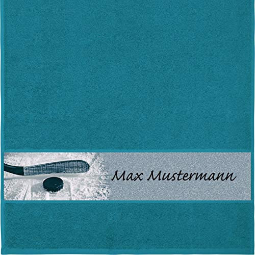 Manutextur Handtuch mit Namen - personalisiert - Motiv Sport - Eishockey - viele Farben & Motive - Dusch-Handtuch - Petrol - Größe 50x100 cm - persönliches Geschenk mit Wunsch-Motiv und Wunsch-Name