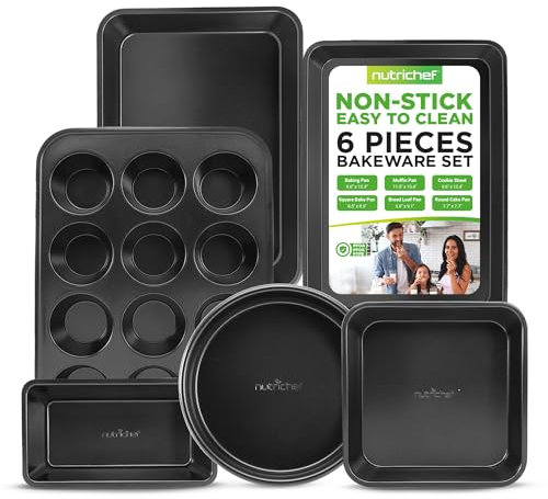 NutriChef Backblech Set Antihaftbeschichtet 6-Teilig, Backform Rechteckig für Brownies, Pizza, Kekse & Kuchen, Baking Tray für den Backofen, Spülmaschinengeeignet, Kuchenplatte Stahl Eckig, Teigplatte