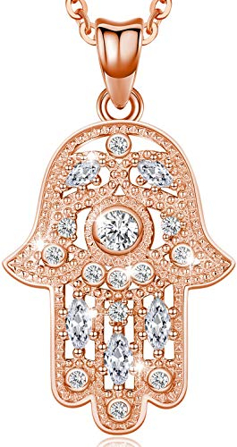 Collier Main de Fatma en Pendentif Argent Sterling 925, Collier Or Rose Bijoux pour Femme, Pendentif Mauvais œil Main de Hamsa d'amour Cadeau de Bijoux pour le jour de la Saint-Valentin (Or rose)