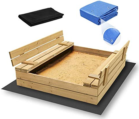 ADGO Bac à Sable, en Bois, 120 x 120 cm, avec des bancs, Un Voile agrotextile pour l'isolation du Sol et Une Housse de Protection Contre la Pluie, Non Peint, Peut être fermé
