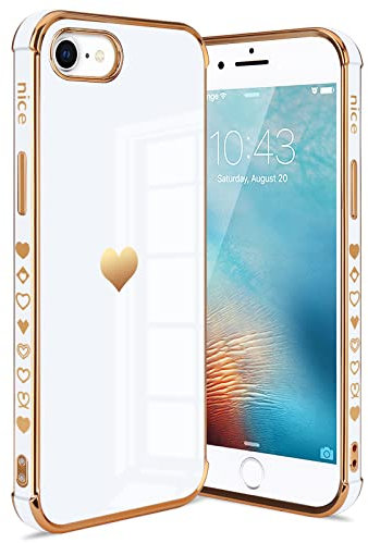 Urarssa Cover Compatibile con iPhone 7/8/SE2020/SE2022 Custodia Oro Amore Cuore Custodia per Donne Morbid TPU Silicone Antiurto Cover con protezione fotocamera per iPhone 7/8/SE2020/SE2022 Bianco