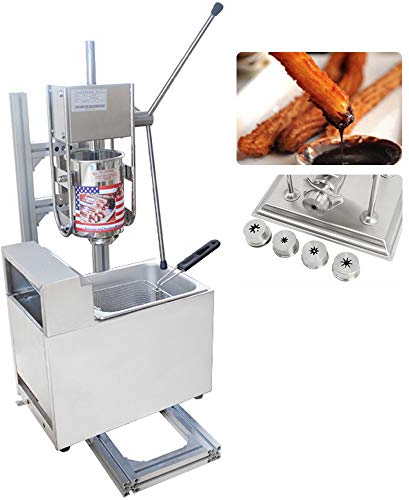 CGOLDENWALL Máquina de Churros con Freidora Churrera de Acero Inoxidable con Cilindro de Material de 3L, Freidora de Gas de 6L, Cinco Moldes de Churros