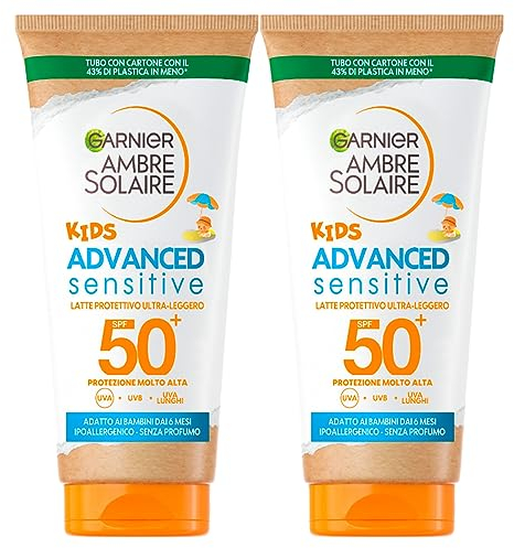 Garnier Ambre Solaire Kids Advanced Sensitive LSF 50+ Sonnenmilch, sehr hoher Schutz, hypoallergen, 2 Flaschen à 50 ml