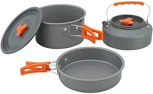 WHYUNM26 Kompaktes Outdoor-Kochgeschirr-Set, 3-Personen-Camping-Kochset, Töpfe, Pfannen, Tragbarer Wasserkocher, Teekanne, Herd für Angelpicknick und Camping