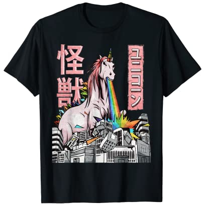 Japanese Kaiju Clothes - Japanische Kleidung: Kaiju Einhorn Japanisches Monster Anime Merch Manga T-Shirt (Schwarz, Klein, Unisex, Kurzarm, T-Shirt, Anime, Casual, Herren, Jungen)