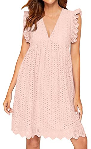 Générique Robe d'été à Manches Courtes pour Femmes Tenue décontractée avec Short intégré élégante Robe à col en V à Manches volantées Dentelle Jacquard Couleur Unie Robe Ample avec Poches (Rose, XL)