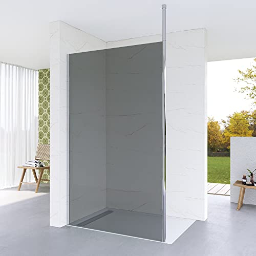 Walk in Dusche graues Glas 120 x 200 cm barrierefreie Duschwand Glas ebenerdige Duschabtrennung Duschtrennwand Glastrennwand Glaswand | Echtglas Grauglas 8 mm | Nano Beschichtung | Deckenstütze