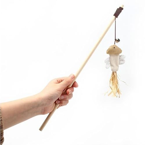 FOMIYES Katzenangel aus Holz Interaktives Katzenspielzeug mit Leinen Fisch und Glocke Robuster Katzenstab aus Naturmaterialien Spielangel für Indoor Katzen und Kätzchen