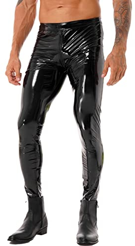Runhomal Herren Wetlook Hose Leder Leggings Reißverschluss Skinny Pants Lederhose Stretch Enge Bleistift Hose Clubwear Bühnenshow Kostüm Schwarz M
