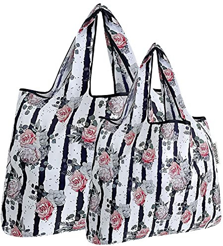 allydrew Große, faltbare Nylon-Einkaufstasche, wiederverwendbar, Set mit 2 Rosen und Streifen, Large & Small, Große und kleine faltbare Einkaufstasche, Nylon, wiederverwendbar, 2 Stück