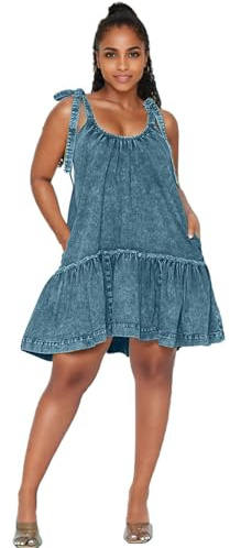 Vidifid Denim Dress for Women Tie Shoulder Sleeveless Denim Mini Dress Casual Flowy Babydoll Dress Wash Jean Dress