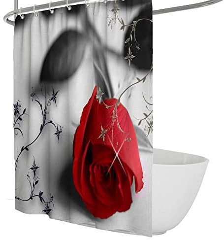 Via Vela Rote Rose Duschvorhang Grauer Duschvorhang wasserdichte Dicke Badezimmer-Duschvorhänge mit 12 rostfreien Tüllenlöchern Schnelltrocknend 180Wx200L cm