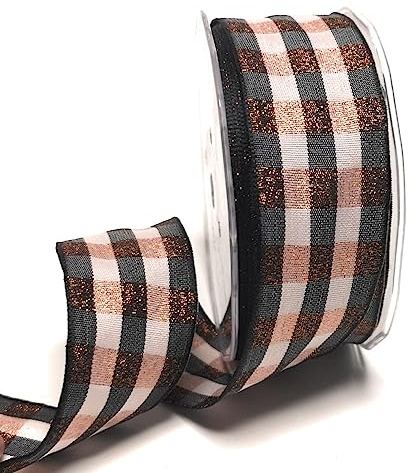 Schleifenband 20m x 40mm Anthrazit - Creme - Kupfer kariert Karoband Dekoband mit Drahtkante [8128-24]