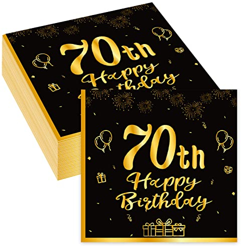 Servietten 70 Geburtstag, 80Stück Schwarze Gold 70. Happy Birthday Servietten, Einweg Papierserviette Tischdeko, 70er Geburtstag Männer Frauen Geburtstags Party Deko