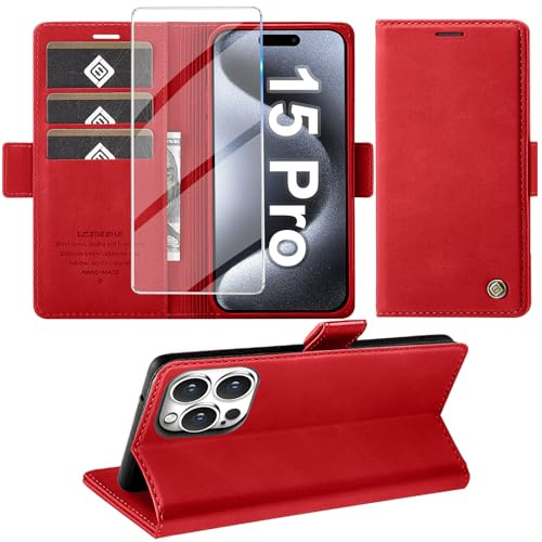 Giyer Handyhülle für iPhone 15 Pro Hülle mit Schutzfolie, Standfunktion Kartenfach Wallet Premium Leder Schutzhülle für iPhone 15 Pro 5G 2023 Flip Case Cover Tache Stoßfeste Klapphülle (Rot)