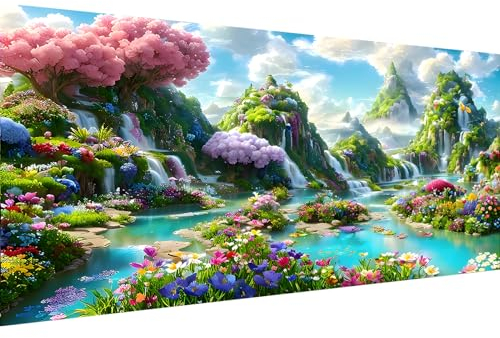 Hjjdiyes Pintura por números para adultos con paisajes, 90 x 40 cm. Kit de manualidades grande XXL, temática de flores y agua, pintura al óleo sin arrugas (lago con cascada)