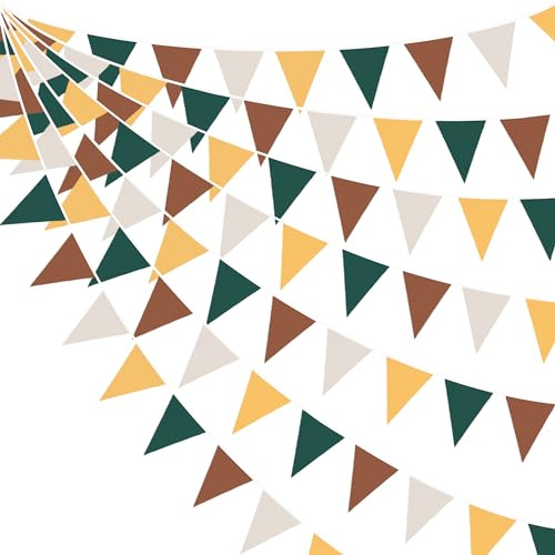 32Ft Green Brown Yellow Bunting Banner Woodland Party Decorations Fabric Triangle Flag Pennant Garland for Jungle Safari Animal Zoo Themed Wild Forest Camper Birthday Wedding Baby Shower Party Decor